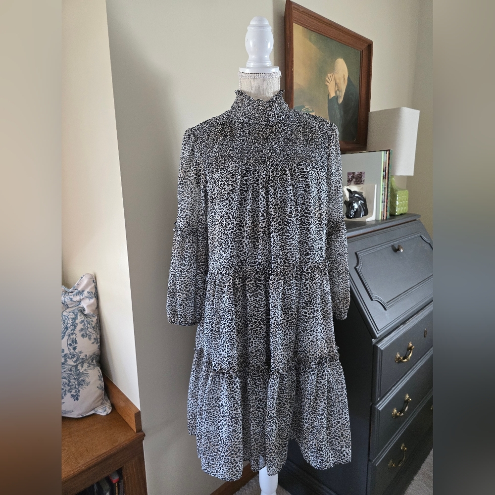 Just...Taylor Black and White Long Sleeve Smocked Tiered Dress